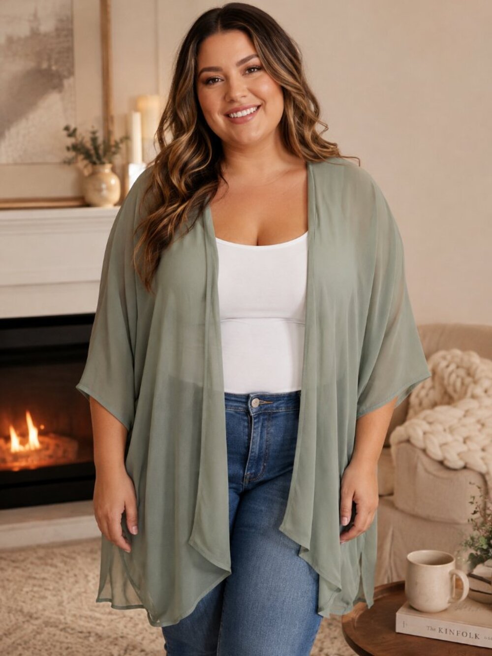 Haute Fox Cozy Fox Sheer Cardigan in Green Size 1X